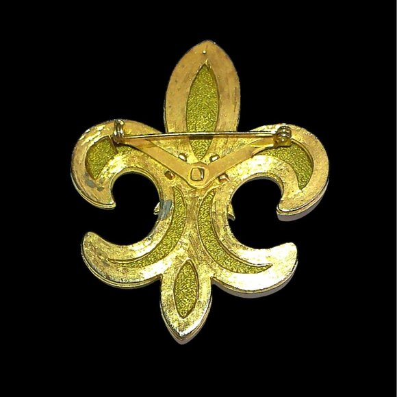 Vintage Gold Tone Green Suede Fleur De Lis Brooch With Archangel Michael Embelli - Picture 3 of 5